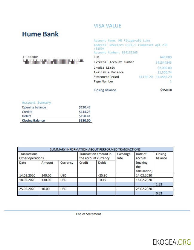 Modèle de justificatif de domicile Australie Humebank au format .doc et .pdf, entièrement modifiable